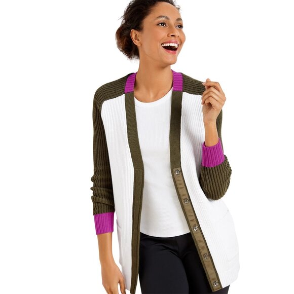 T By Talbots Cardigan Size Large Petite Snap Front V Neck Colorblock Olive Pink - Picture 1 of 7
